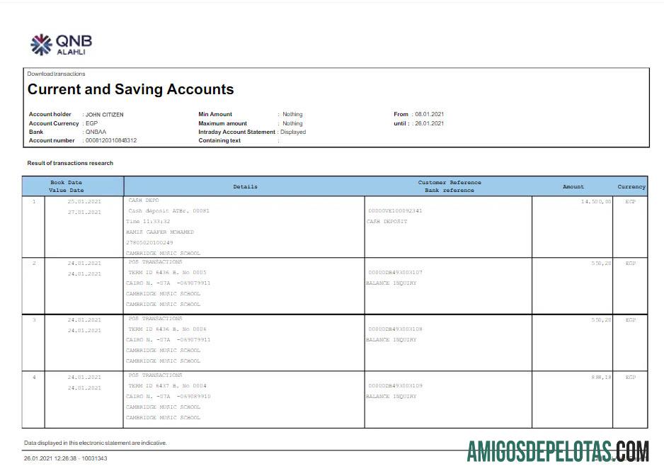 Extrato bancário realista Qatar QNB ALAHLI Word e PDF modelo Scr
